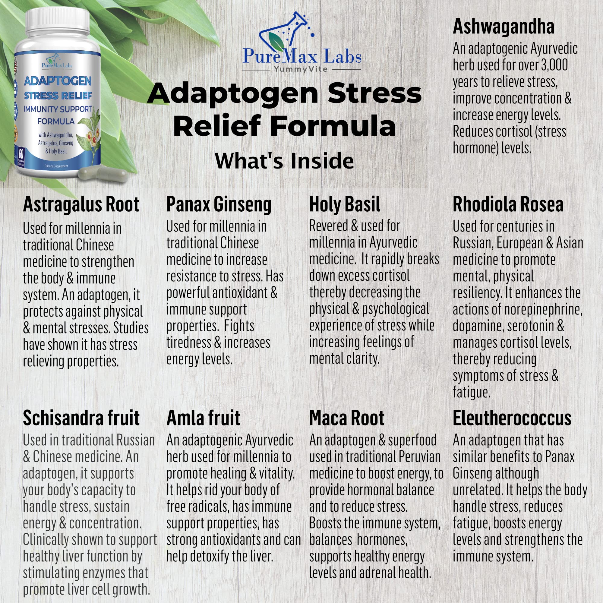 YUMMYVITE Adaptogen Stress Relief bottle back view with supplement facts for daily immune support.