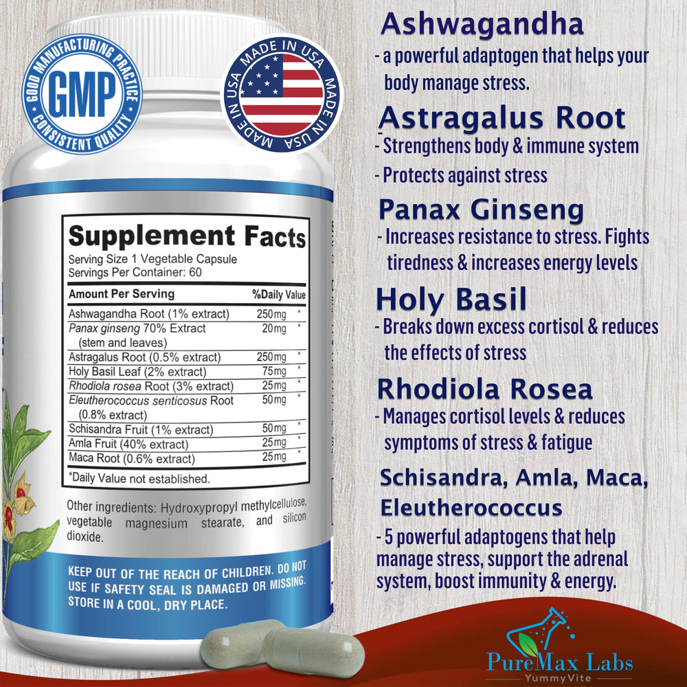 YUMMYVITE Adaptogen Stress Relief bottle side view highlighting easy capsules for on-the-go support.