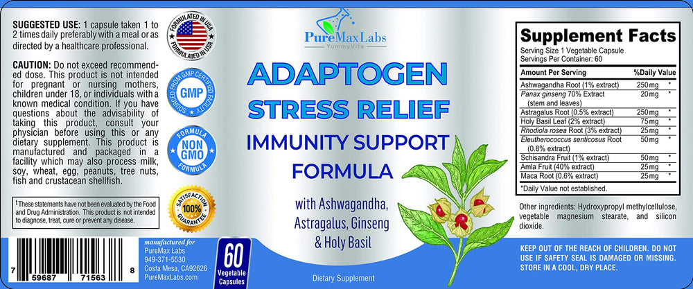 YUMMYVITE Adaptogen Stress Relief ingredients visual highlighting Ashwagandha, Ginseng, and Astragalus.