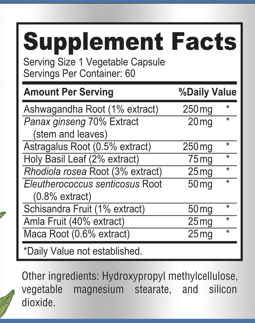 YUMMYVITE Adaptogen Stress Relief label closeup emphasizing natural herb blend for balanced energy.