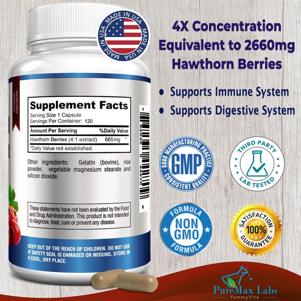 Close-up of YUMMYVITE Hawthorn 4:1 extract capsules, easy-to-swallow daily dose.