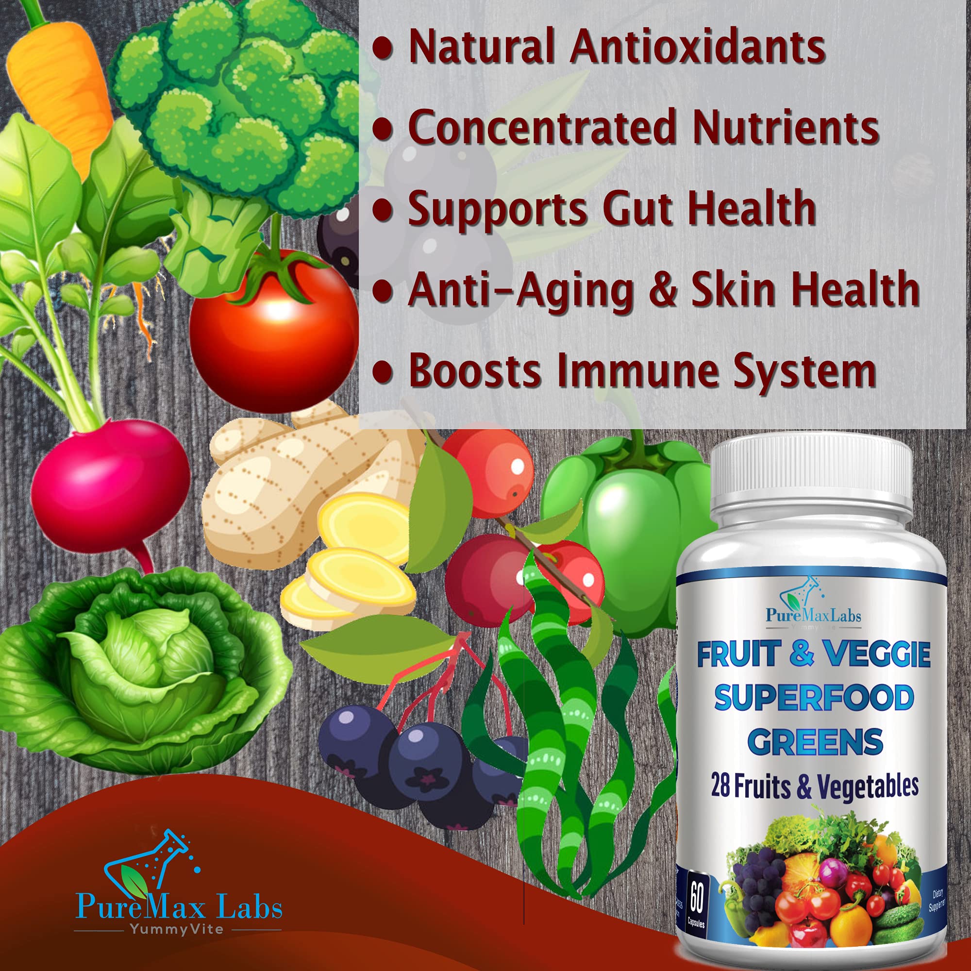 Close-up of ingredients like alfalfa, barley grass and spirulina in the YUMMYVITE blend.