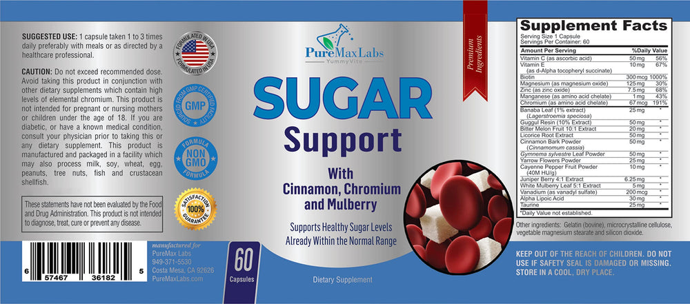 YUMMYVITE Sugar Support label nutrition close-up highlighting 60 capsules and non-GMO