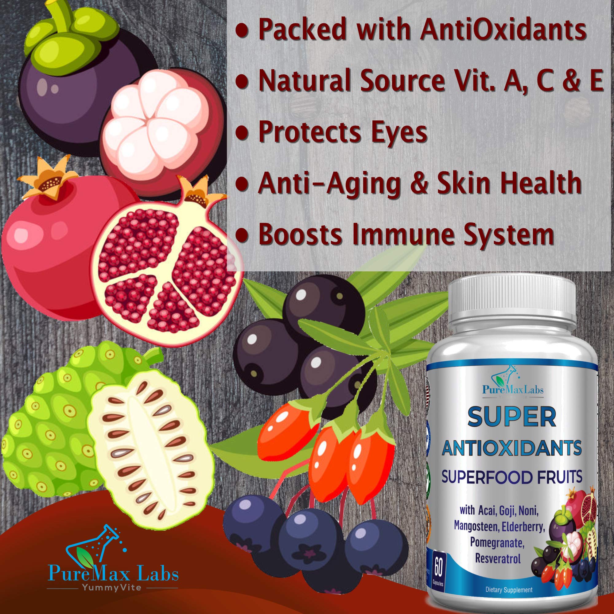 YUMMYVITE Super Antioxidant bottle back label emphasizing USA-made quality and third-party testing