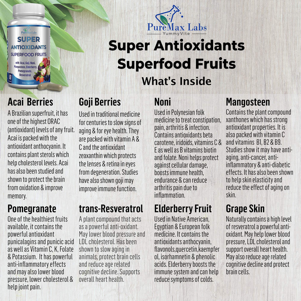YUMMYVITE Super Antioxidant ingredients glass bowl displaying goji, acai, mangosteen blend for vibrant daily nutrition