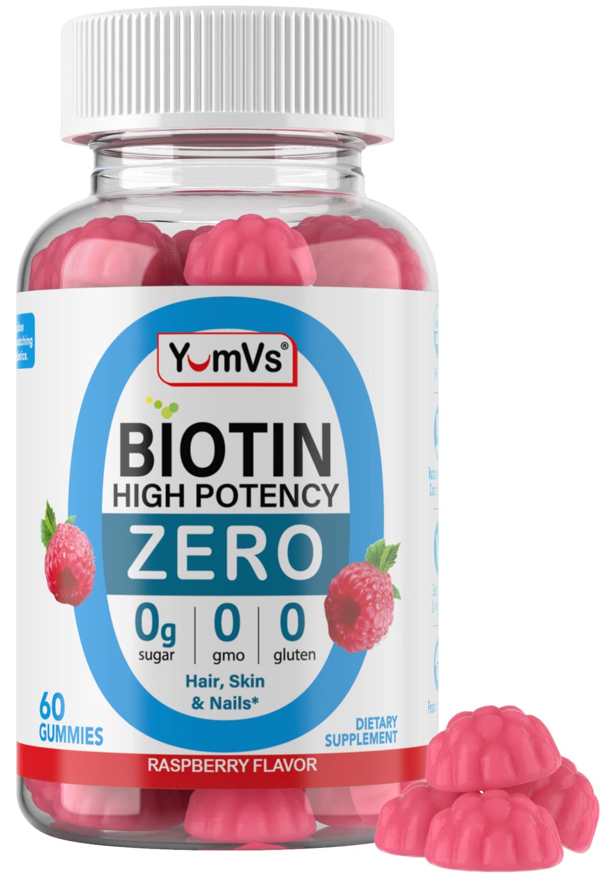 YUM-V'S Biotin Gummies raspberry bottle may support hair, skin and nails