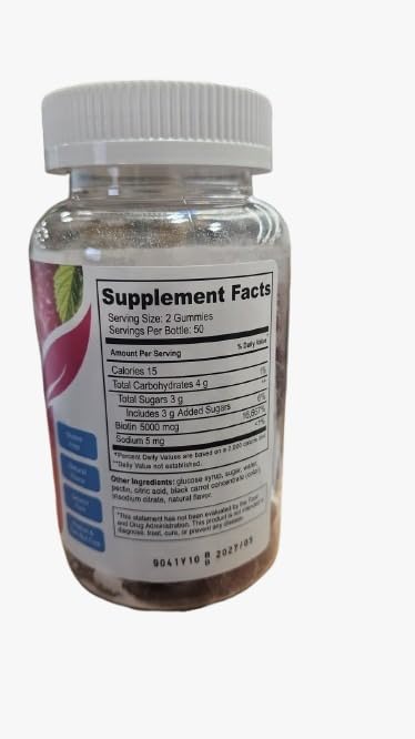 YUM-V'S Biotin Gummies label showing ingredients and use for hair and nails.