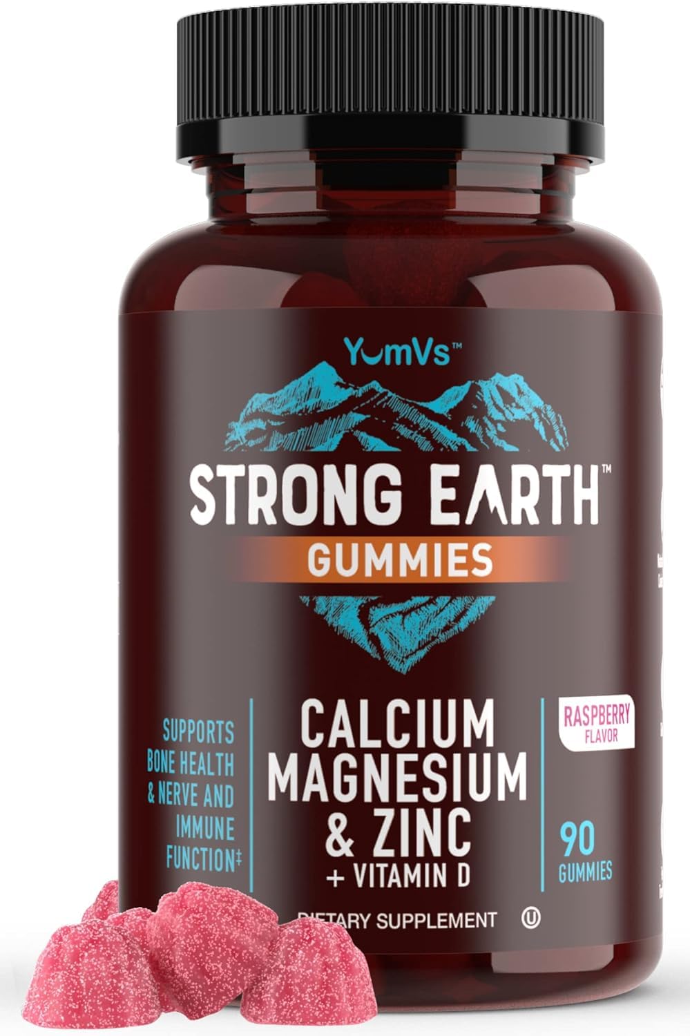 YUM-V'S calcium magnesium zinc gummies bottle for bone support and daily wellness.