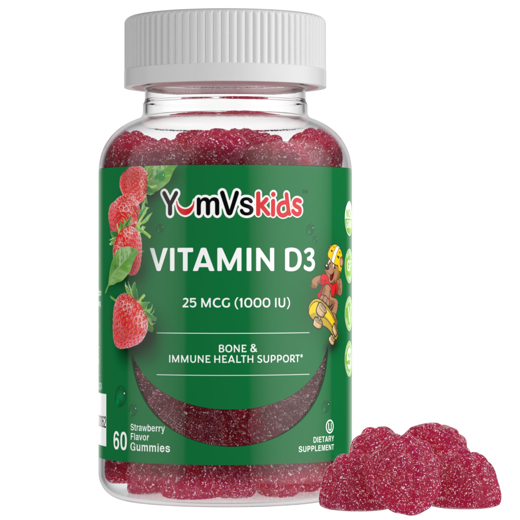 YUM-V'S Vitamin D3 gummies bottle front with strawberry flavor for daily wellness.