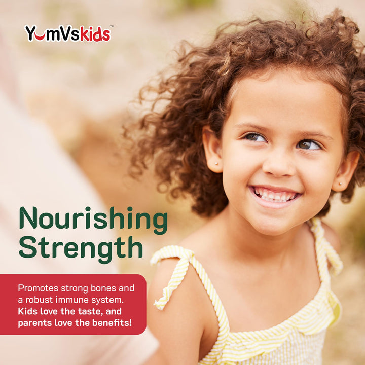 Child taking a YUM-V'S gummy demonstrates an easy daily dose.