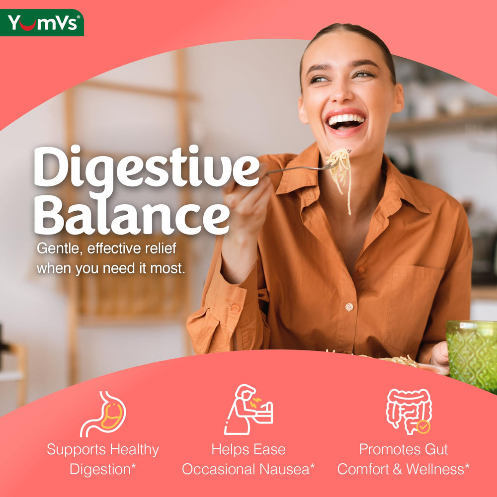 YUM-V'S Ginger Gummies peach-flavored bites for daily digestion.