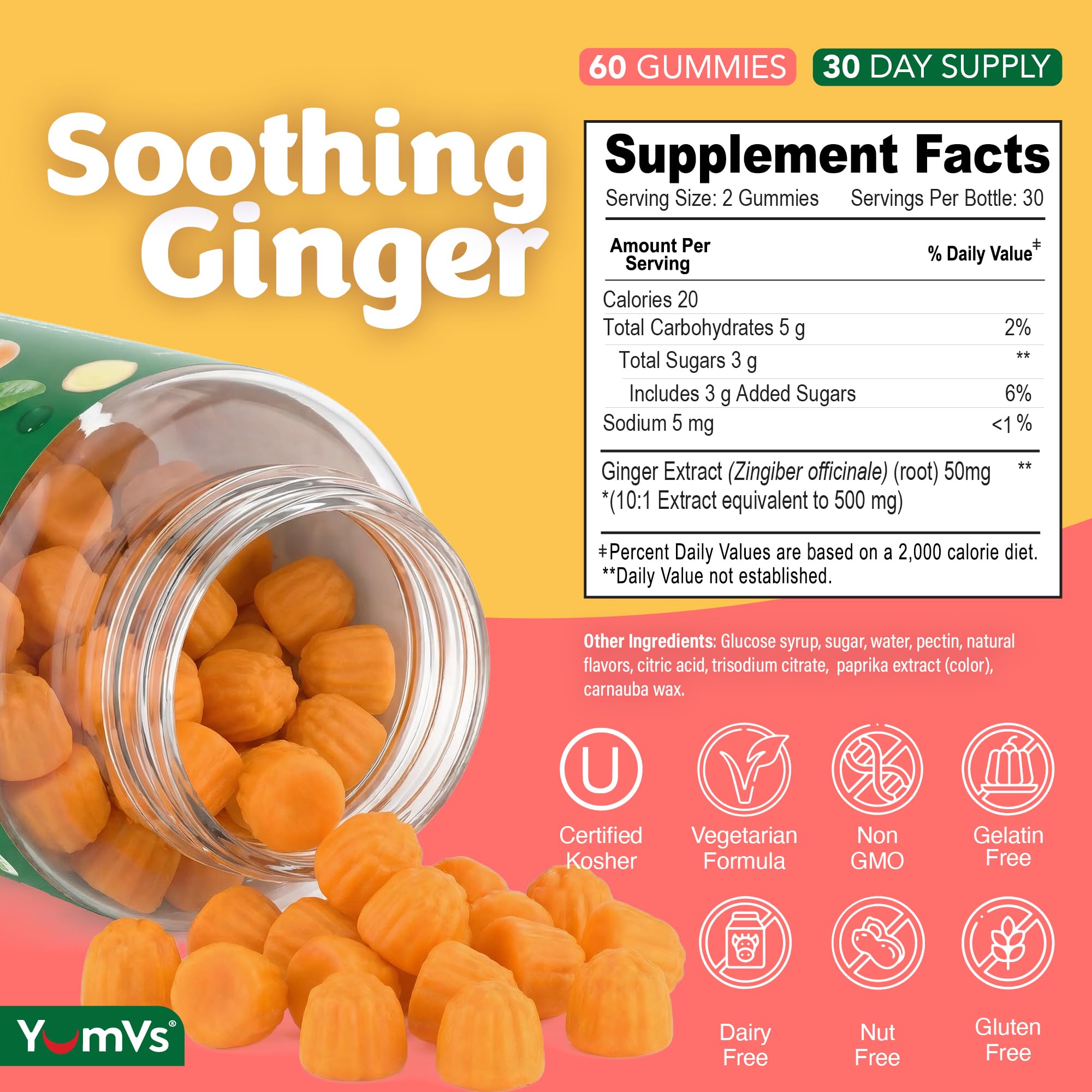 YUM-V'S Ginger Gummies ginger-root 500mg image highlighting digestive comfort.