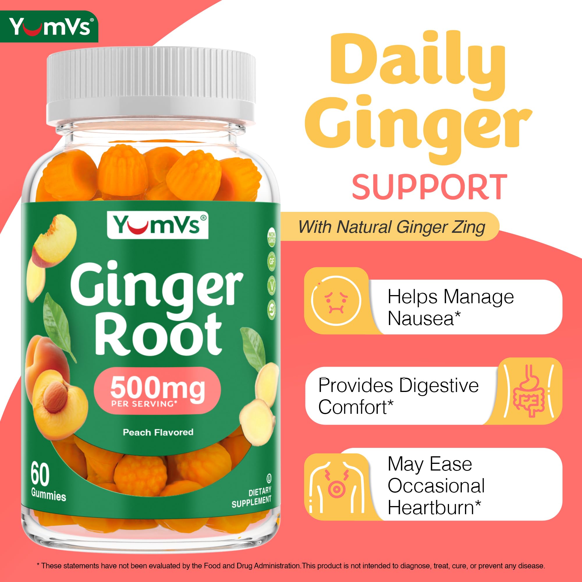 YUM-V'S Ginger Gummies nausea relief bites for travel.