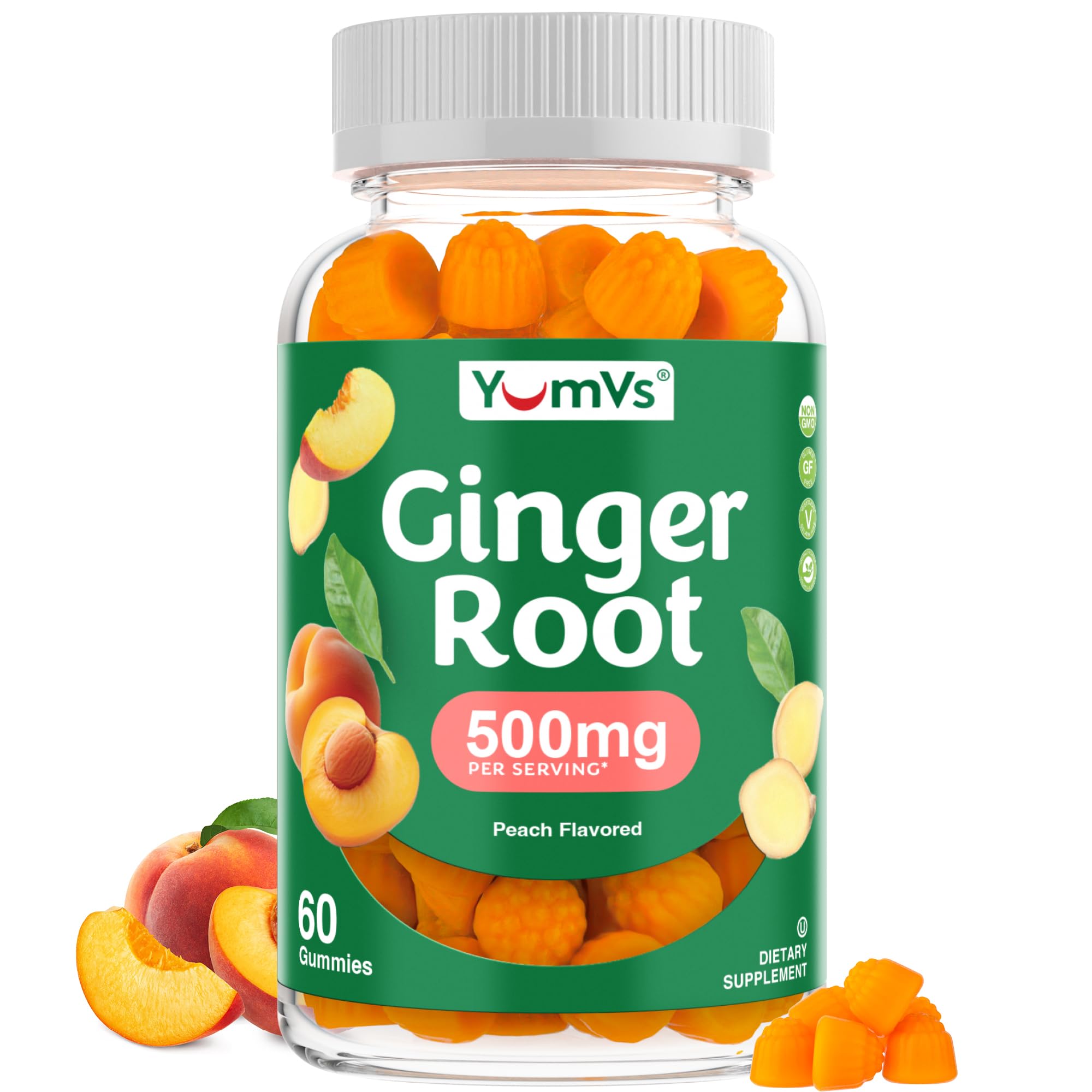YUM-V'S Ginger Gummies peach flavor bottle for gentle nausea relief and digestion support.