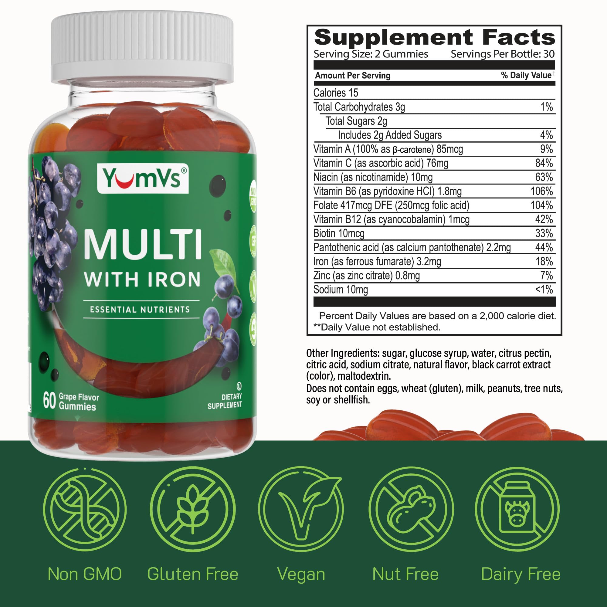 YUM-V'S Iron Gummies adult-use depiction emphasizes portable, tasty nutrition.