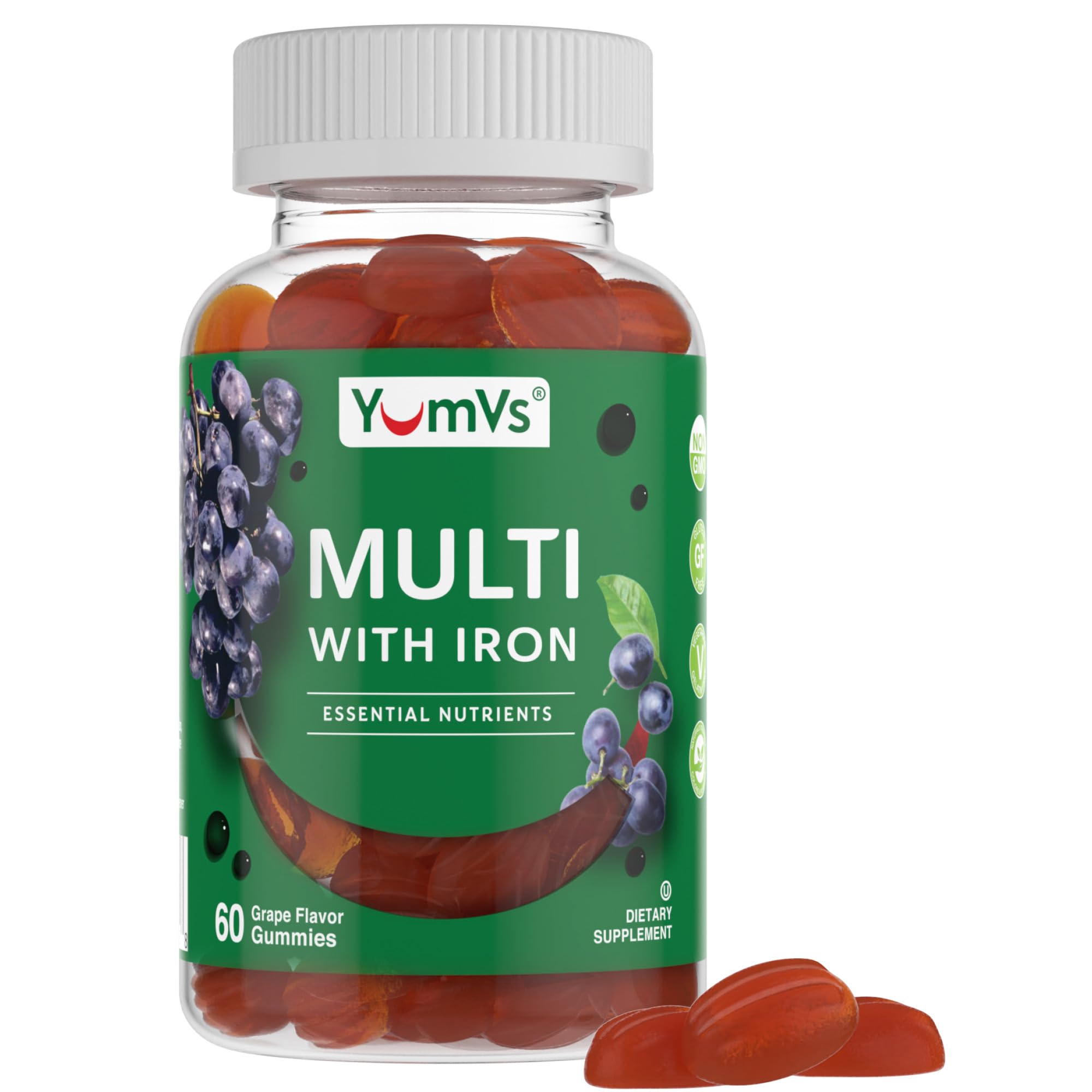 YUM-V'S Iron Gummies bottle front shows grape flavor for daily nutrition.