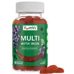 YUM-V'S Iron Gummies bottle front shows grape flavor for daily nutrition.