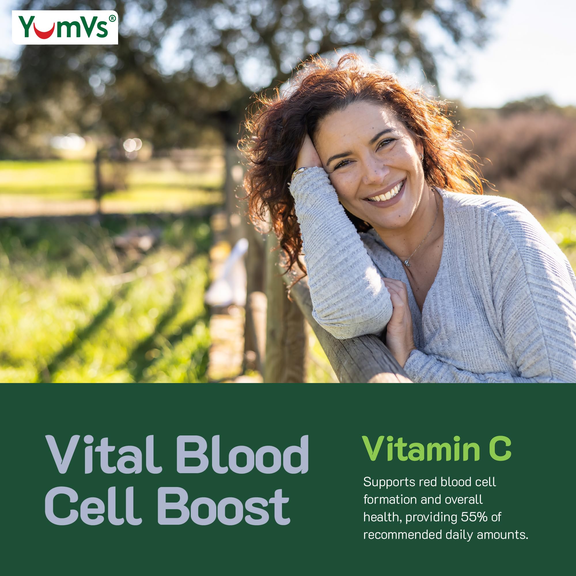 YUM-V'S packaging shows 60-count bottle and serving details