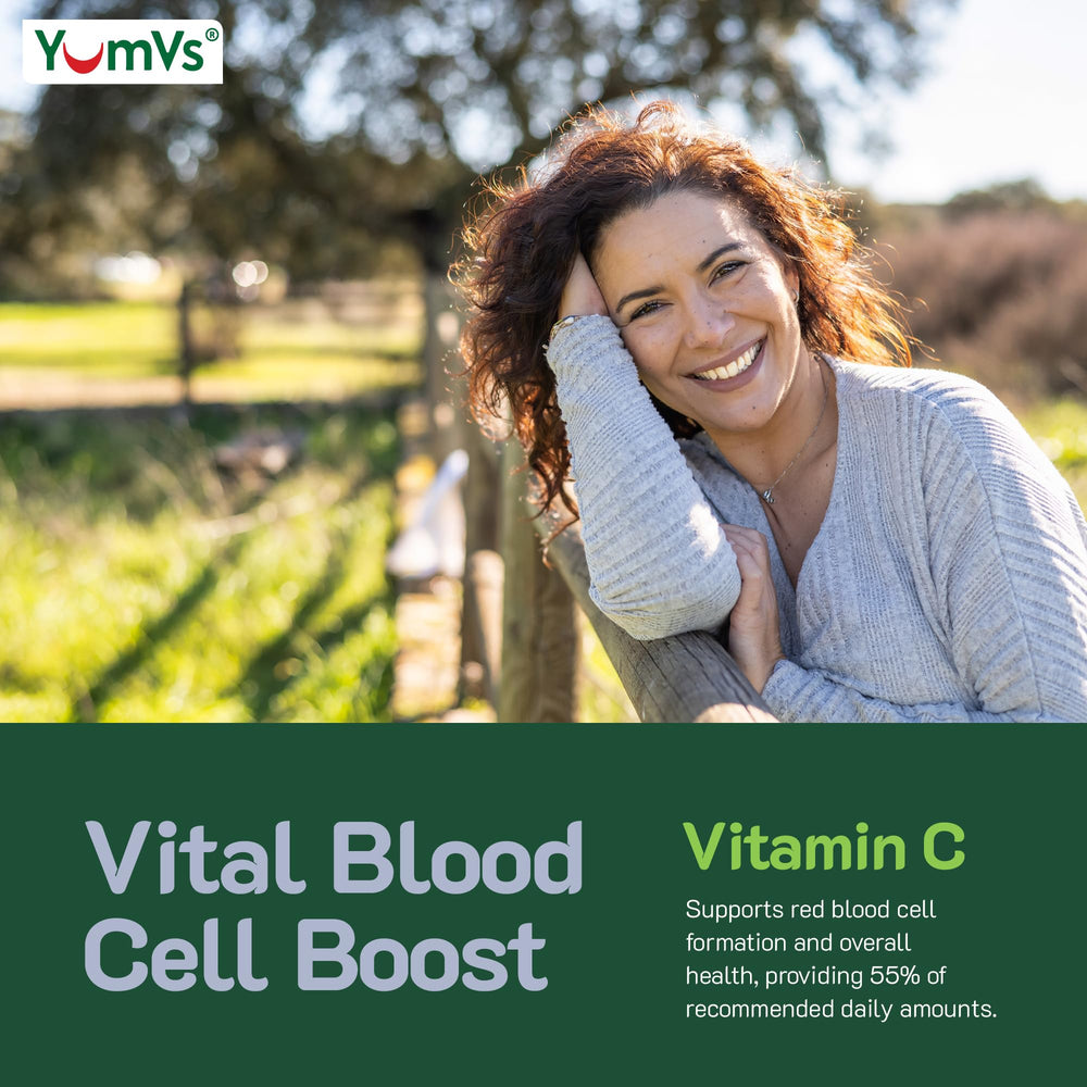 YUM-V'S packaging shows 60-count bottle and serving details