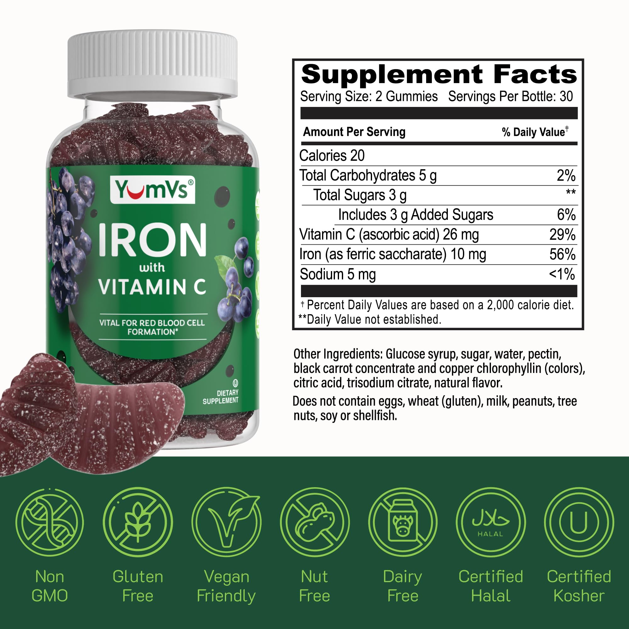 YUM-V'S packaging shows vegan, kosher, non-GMO certifications at a glance