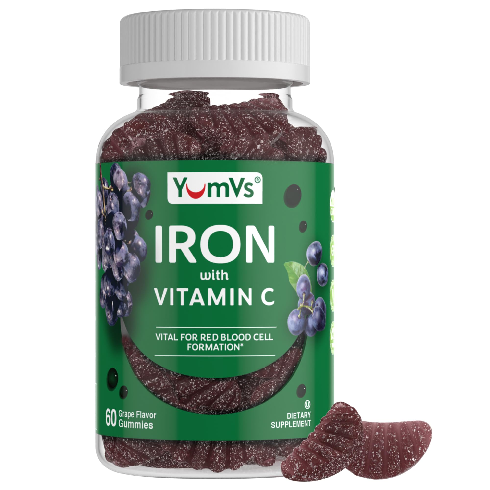 YUM-V'S Iron Gummies bottle-front with grape flavor for daily iron support
