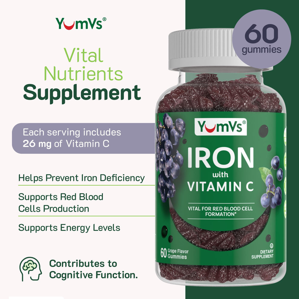 YUM-V'S Iron Gummies bottle label highlighting vitamin C for absorption
