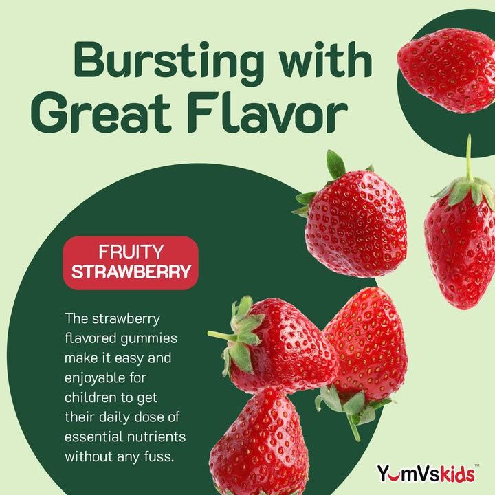 Happy kid enjoying YUM-V'S strawberry D3 gummies as a simple daily supplement.