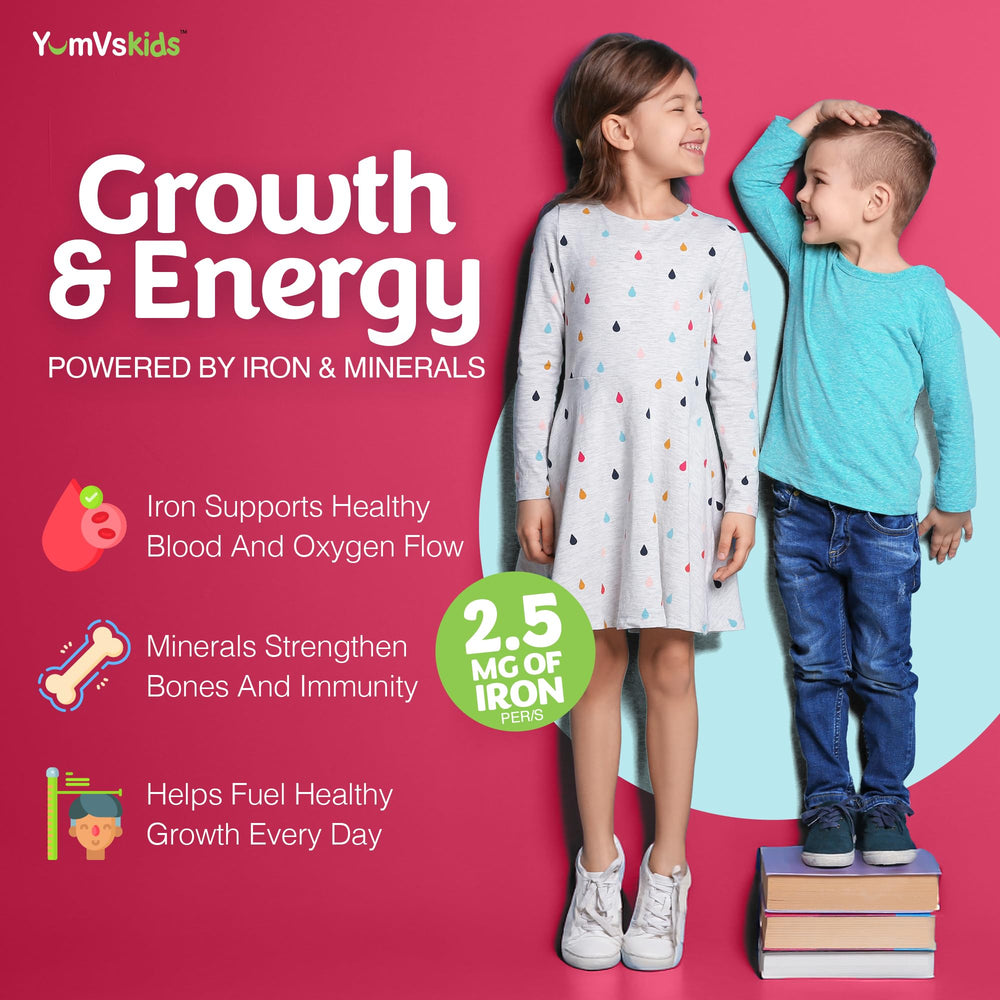 YUM-V'S YumVs label highlights iron and vitamins for growth support.
