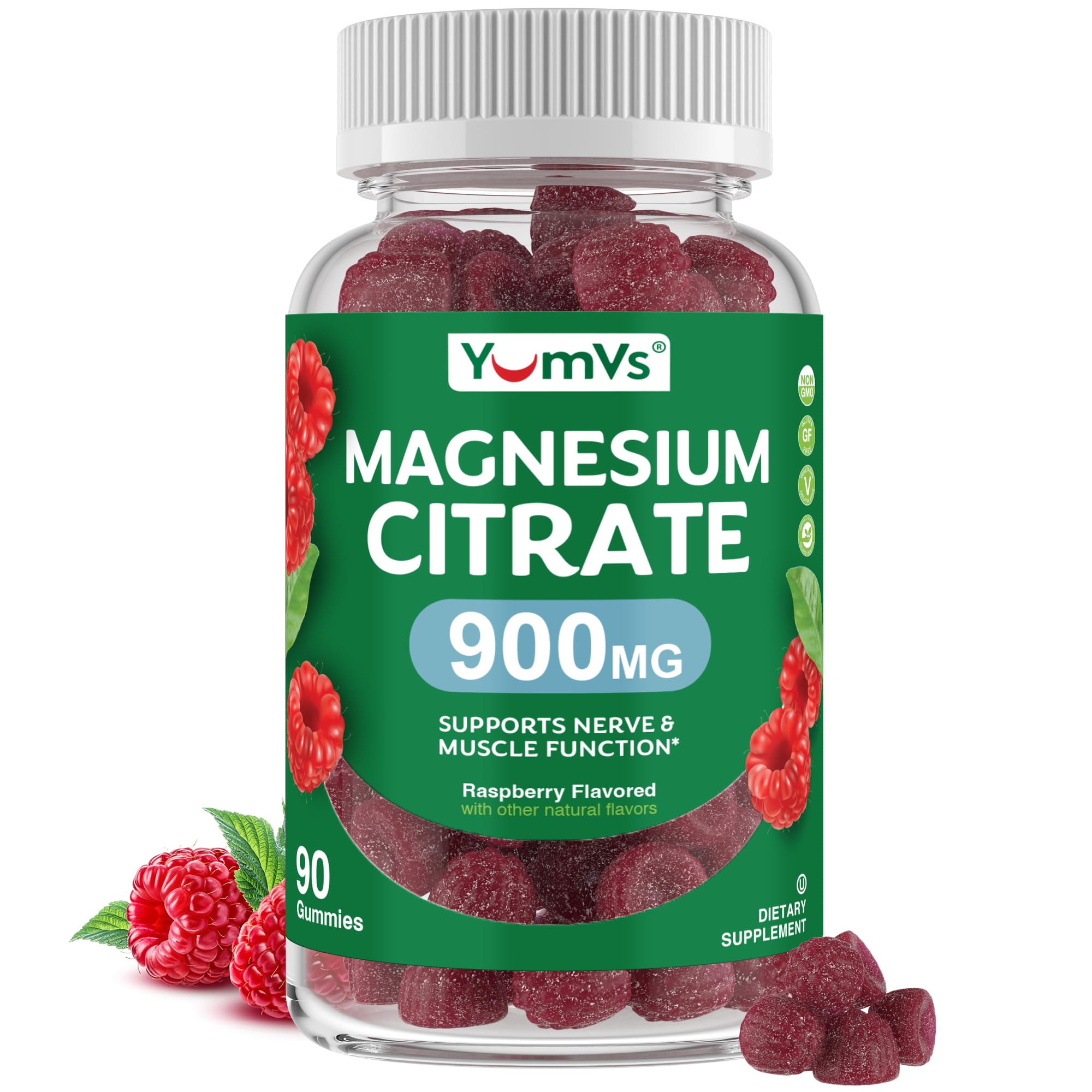 YUM-V'S Magnesium Citrate Gummies raspberry bottle shows a convenient daily wellness option.