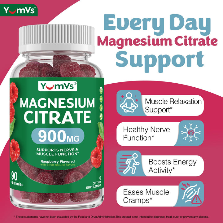 YUM-V'S Magnesium Citrate Gummies raspberry closeup highlights a tasty, easy-to-take daily supplement.