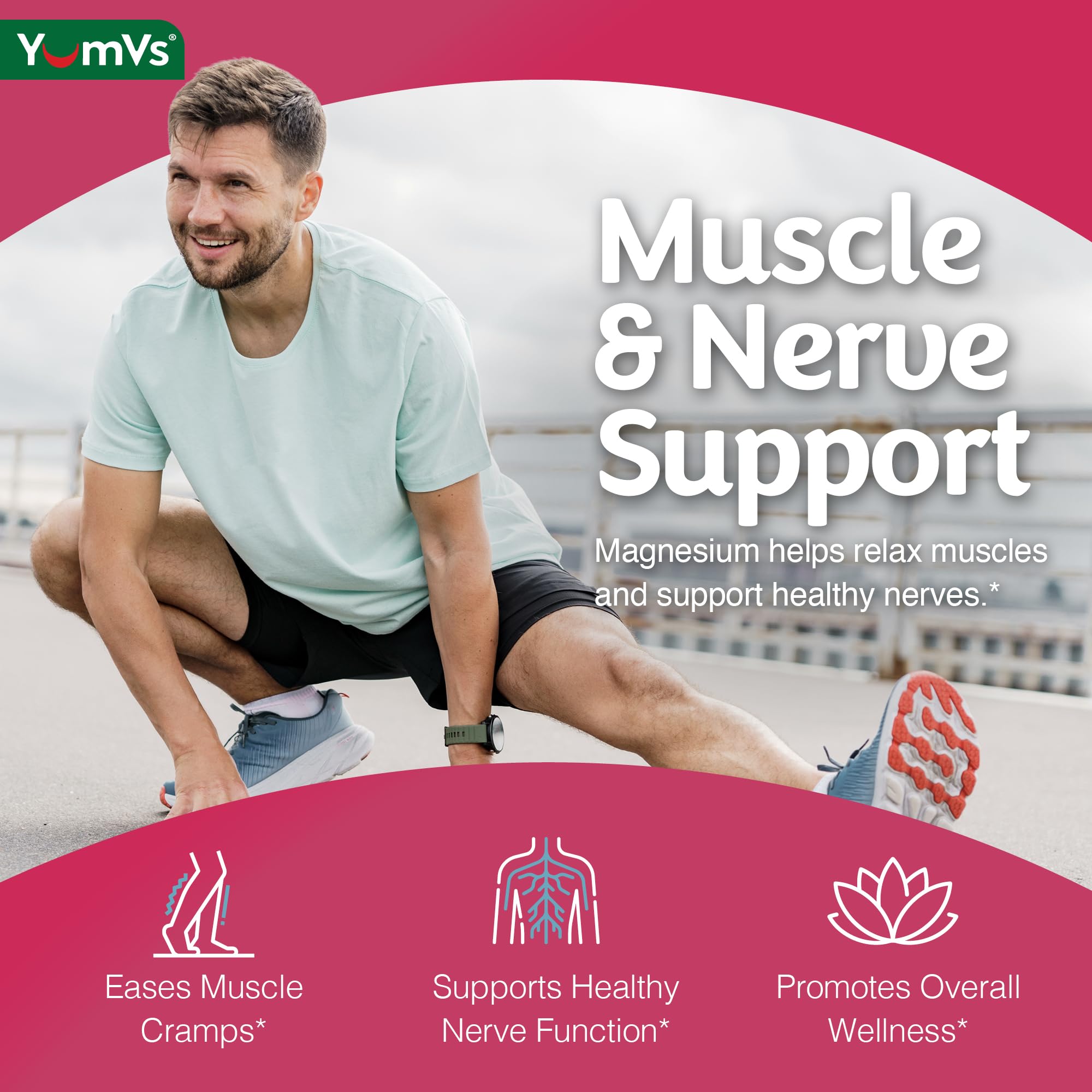 YUM-V'S Magnesium Citrate Gummies raspberry packaging communicates gluten-free and kosher features clearly.