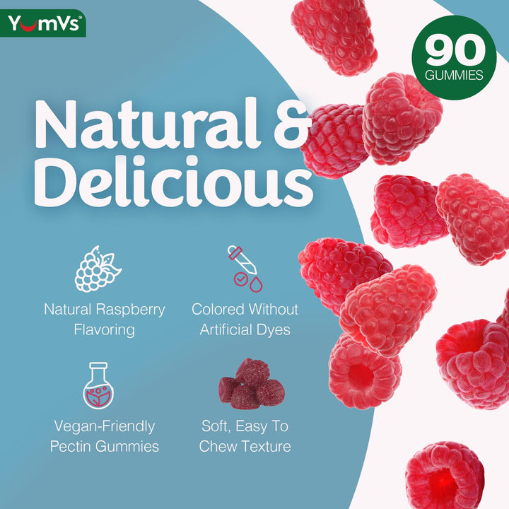 YUM-V'S Magnesium Citrate Gummies raspberry serving-cup demonstrates easy three-per-day dosing.
