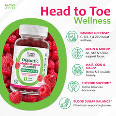Graphic highlighting 14 essential vitamins and minerals in YUM-V'S gummies
