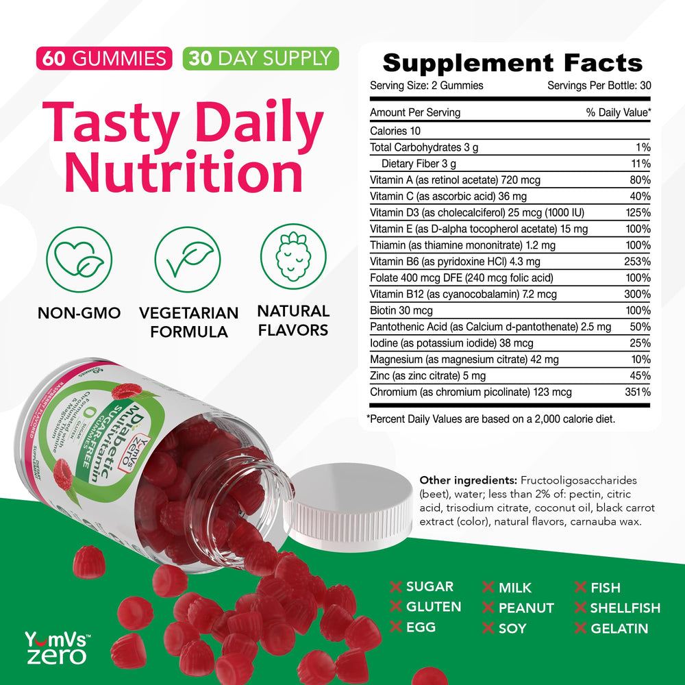 Sugar-free label on YUM-V'S gummies emphasizing low sugar content