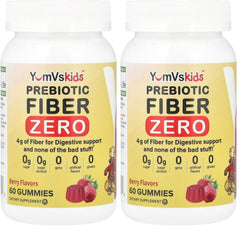 YUM-V'S prebiotic fiber zero gummies for kids in berry bottle, supporting daily digestive balance.