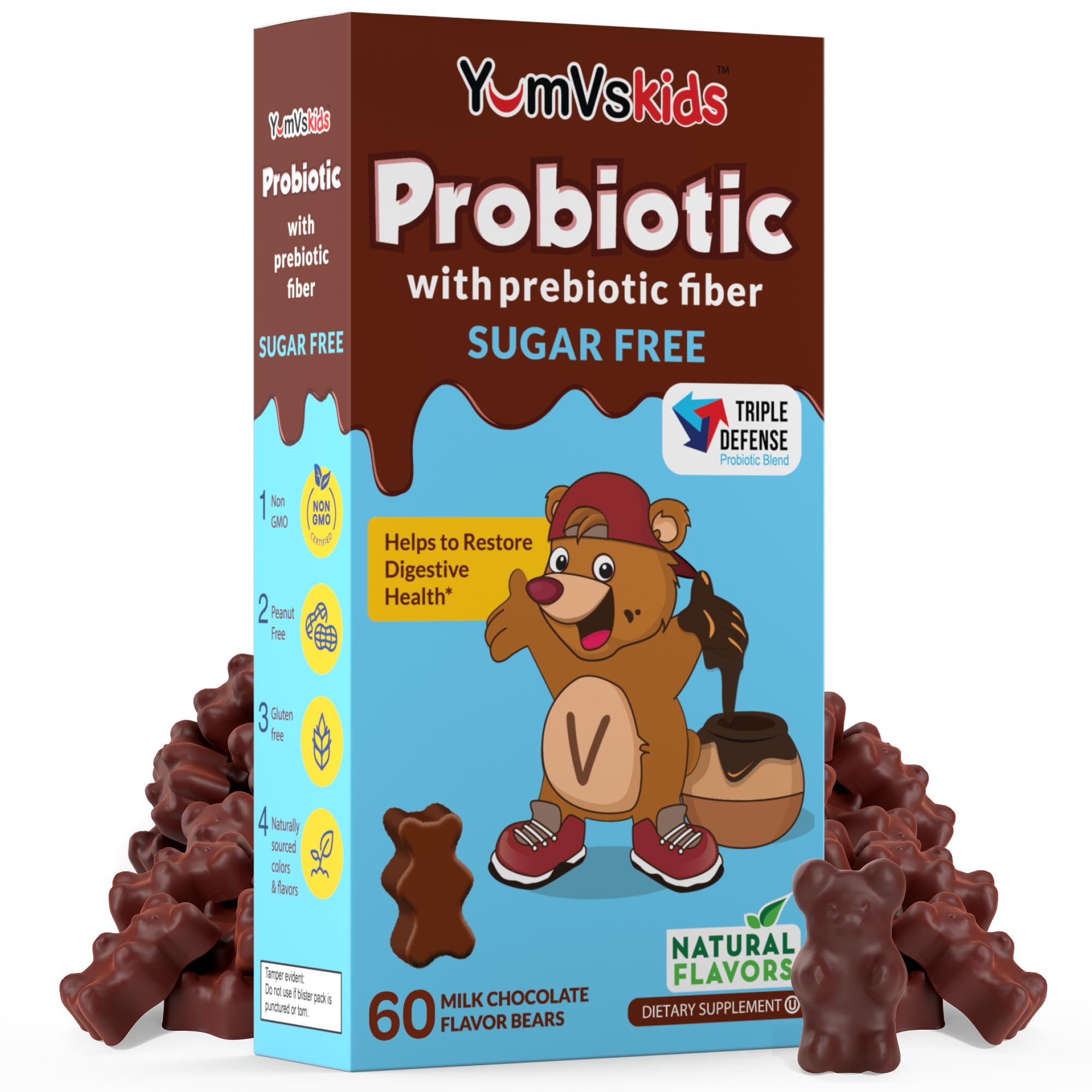 YUM-V'S kids probiotic bottle with chocolate bears supports daily digestion.