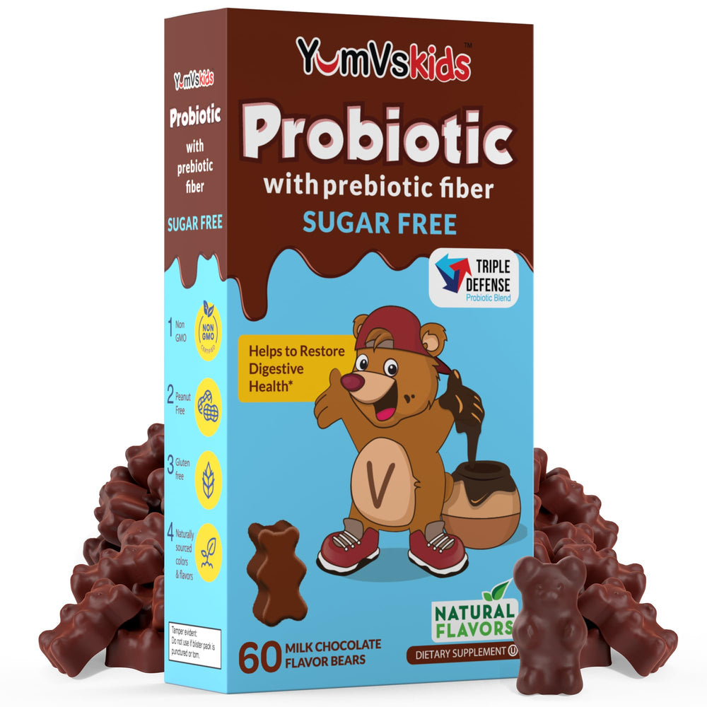 YUM-V'S kids probiotic bottle with chocolate bears supports daily digestion.