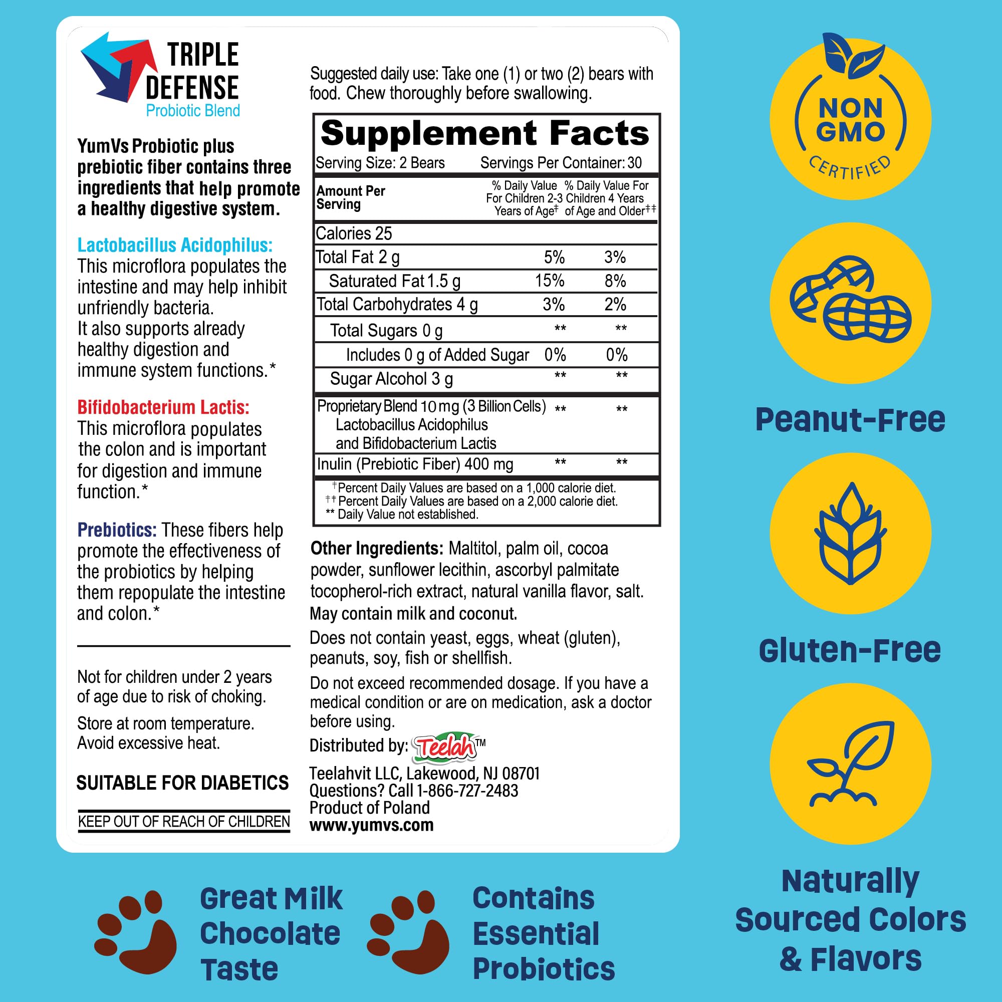 YUM-V'S probiotic blend with prebiotic fiber for potential gut balance.