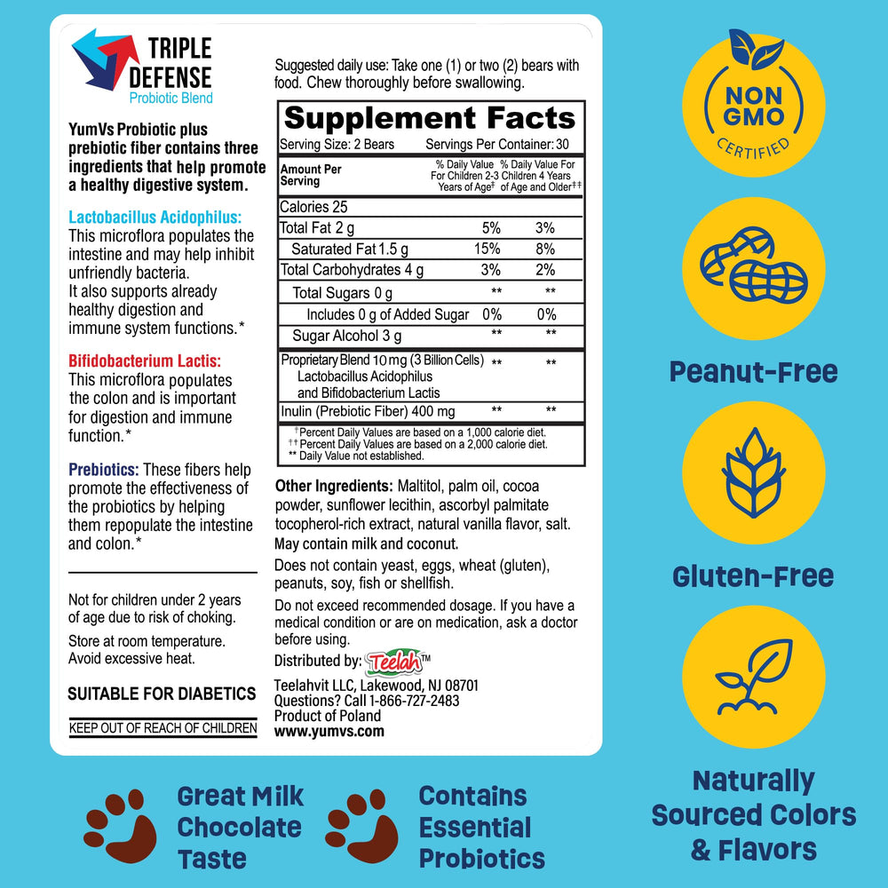 YUM-V'S probiotic blend with prebiotic fiber for potential gut balance.