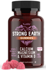 YUM-V'S Strong Earth calcium gummies bottle with raspberry flavor supports bone health.