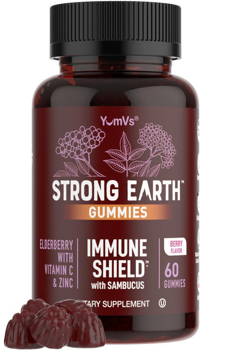 YUM-V'S Strong Earth Elderberry Gummies bottle shown for daily immune support