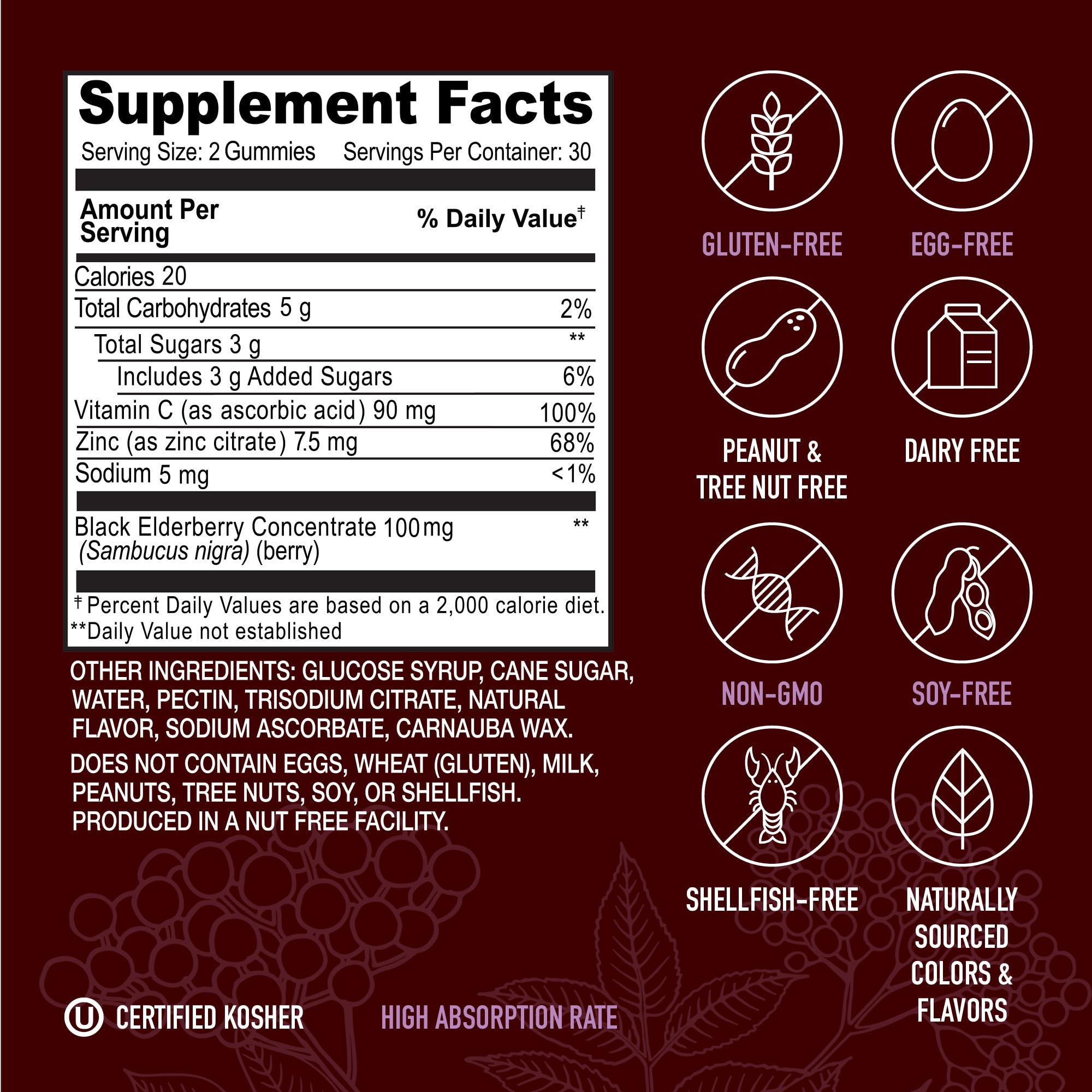 Ingredient label of Strong Earth Elderberry Gummies showing quality information
