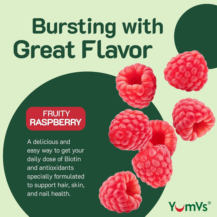 Biotin and antioxidants label on Yum-V's teen vitamins emphasizing nutrient richness.