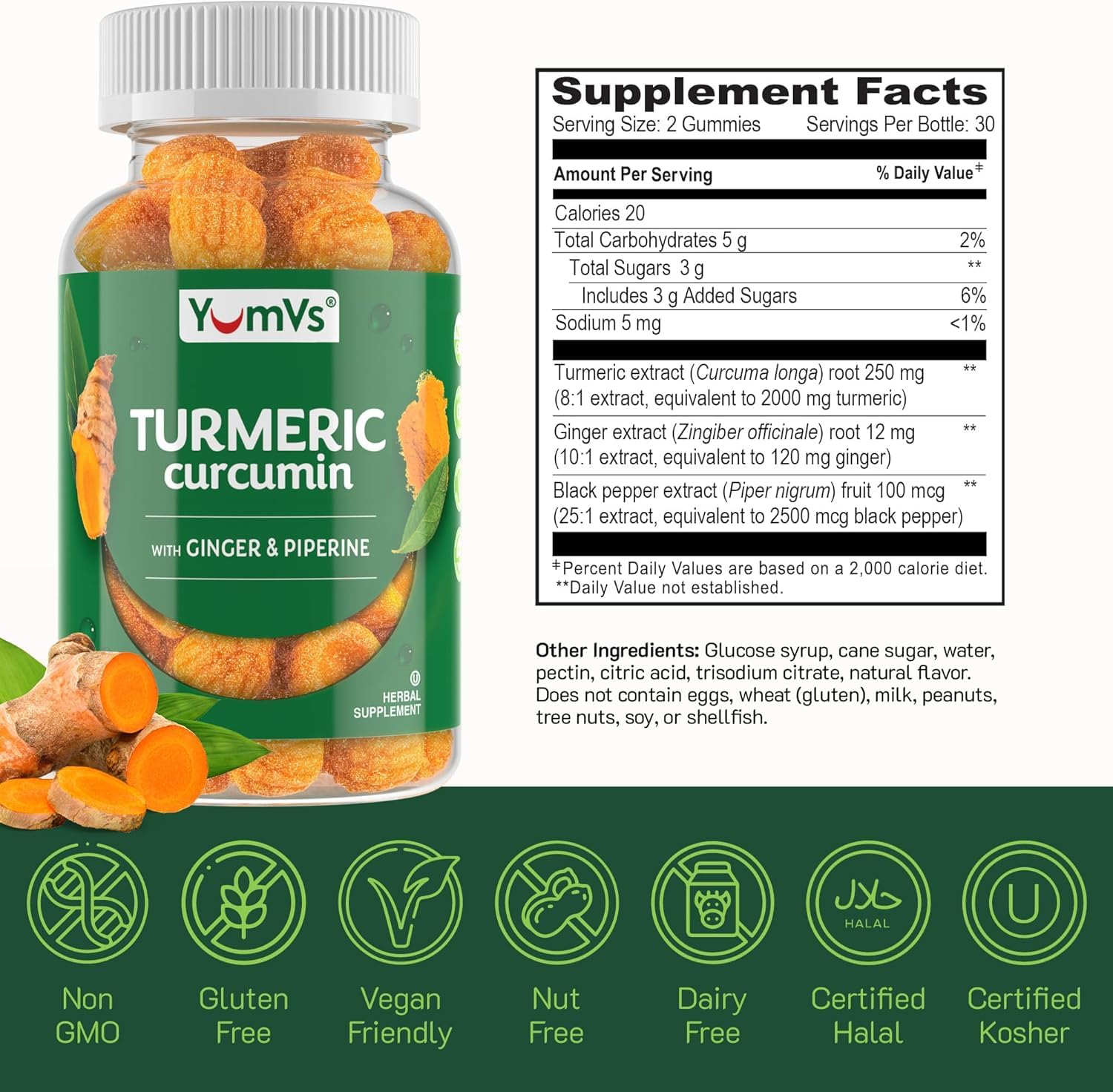 Vegetarian turmeric gummies with peach flavor.