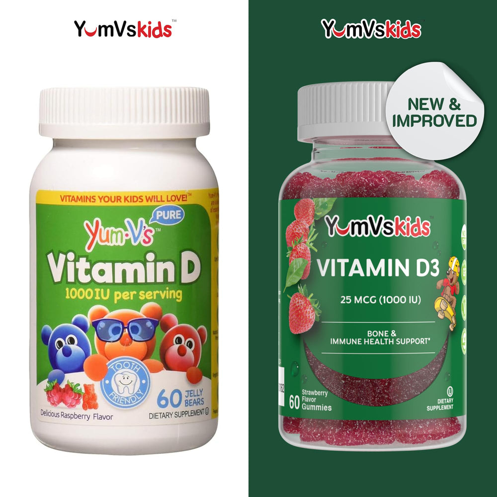 Close-up of YUM-V'S Vitamin D3 gummies showing strawberry flavor and soft chew.