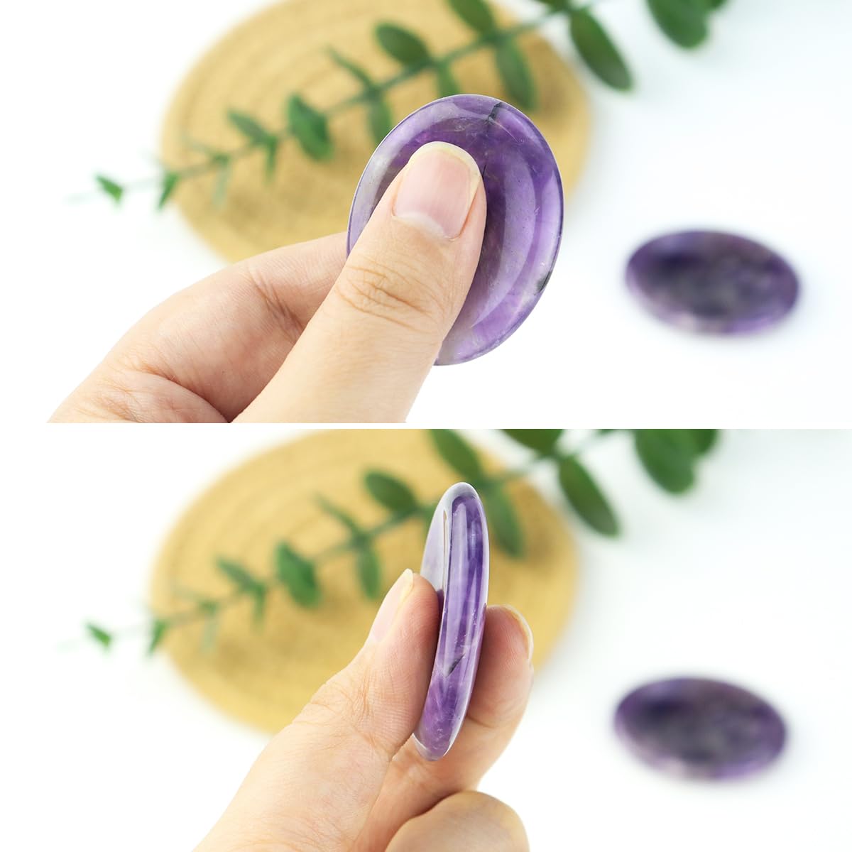 Yuntop amethyst worry stone on desk, portable relaxation tool for breaks.