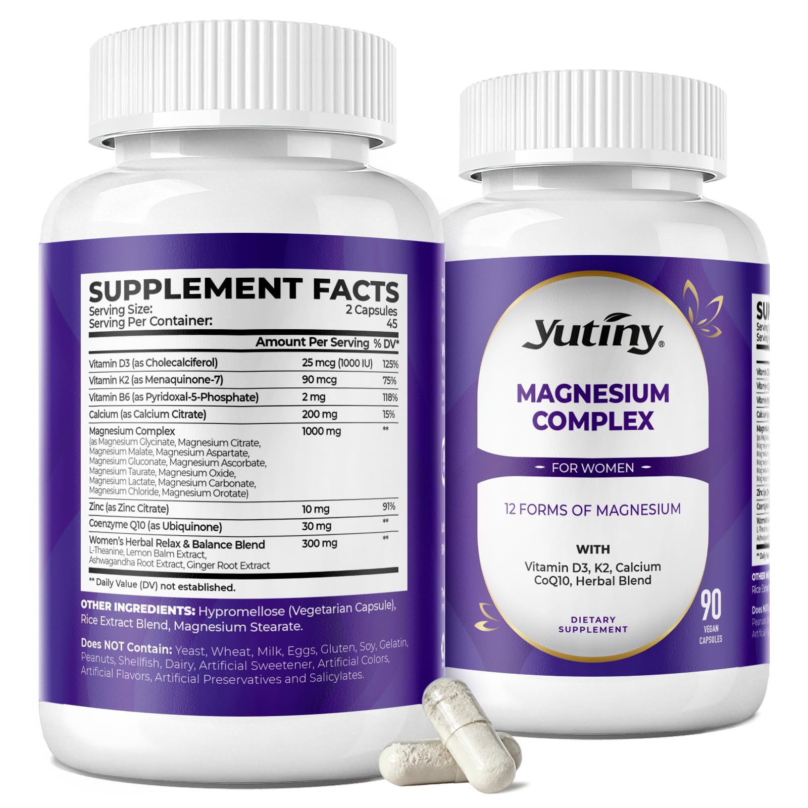 Yutiny Magnesium Complex daily-use setup with bottle and glass suggests simple routine