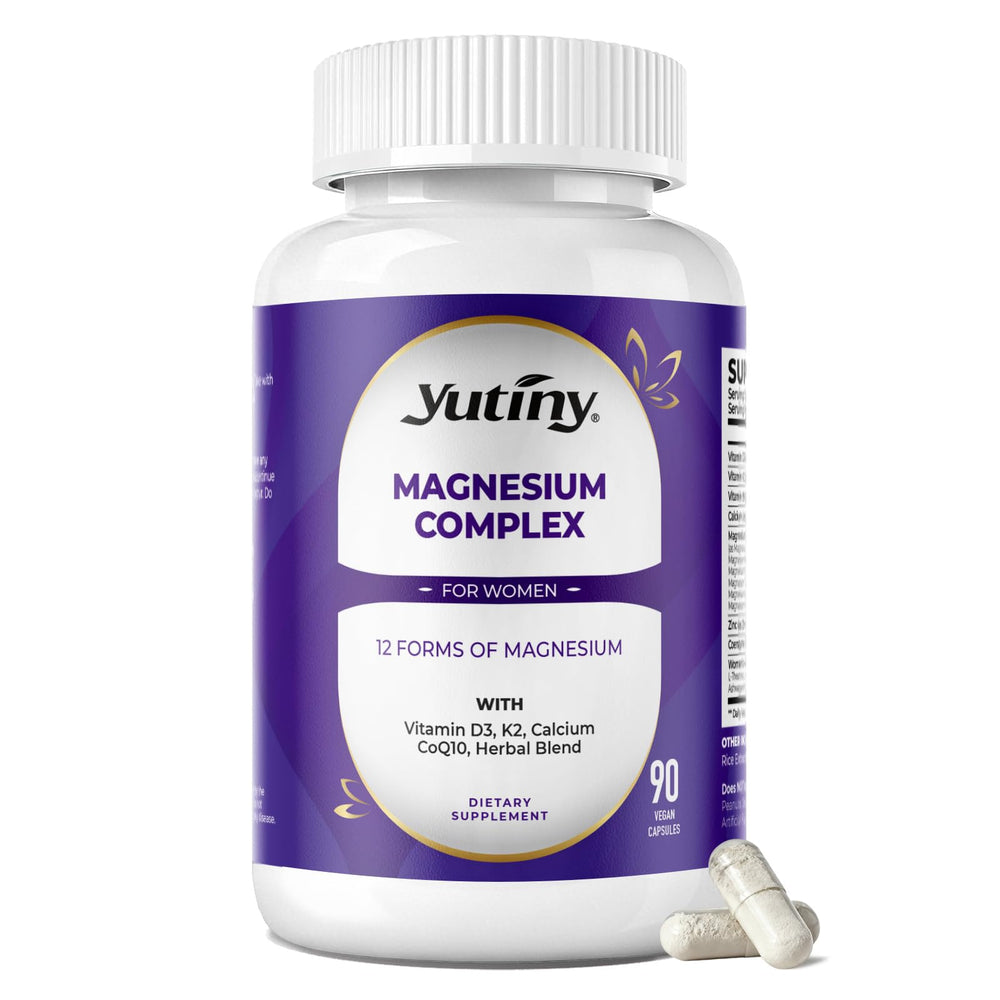 Yutiny Magnesium Complex for Women bottle close-up showing a comprehensive wellness formula for restful evenings