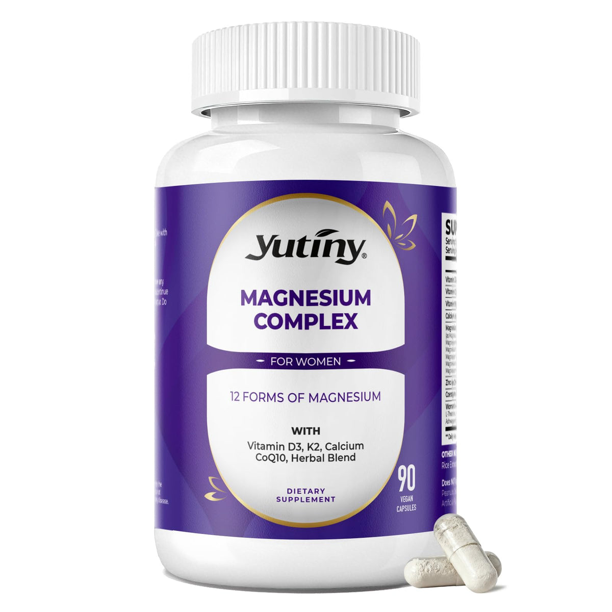 Yutiny Magnesium Complex for Women bottle close-up showing a comprehensive wellness formula for restful evenings