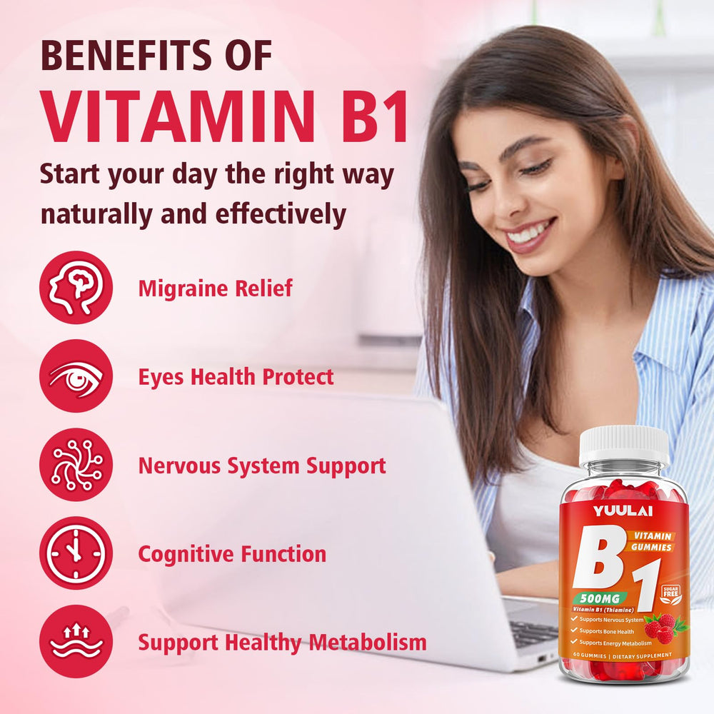 YUULAI Vitamin B1 Gummies focusing on nervous system support in daily routines.
